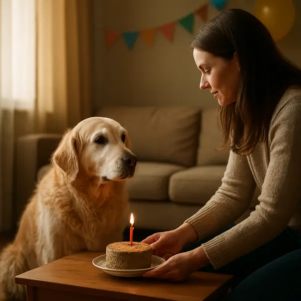 En pet carer og en ældre golden retriever i et hyggeligt, solbeskinnet stuehjørne under en lille fejring