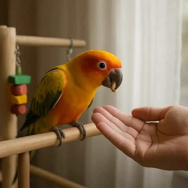 Parrot on a play stand taking a treat from a caregiver, indoor play area, daylight