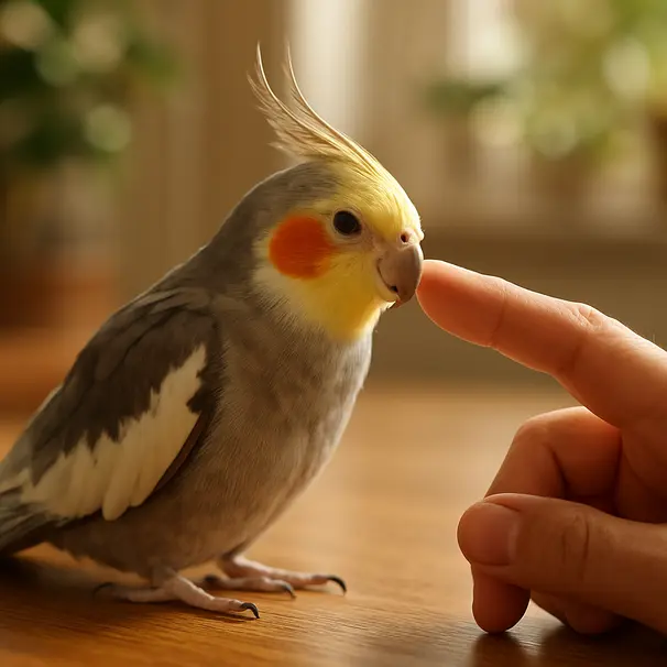 Cockatiel interacting with a person's fingertip on a kitchen table, morning light, curious posture