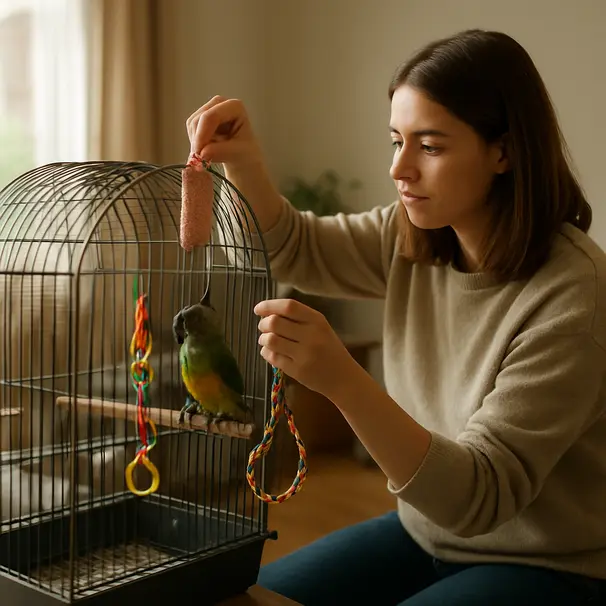 Pet carer rearranging toys inside a bird cage with a small parrot watching, afternoon indoor setting