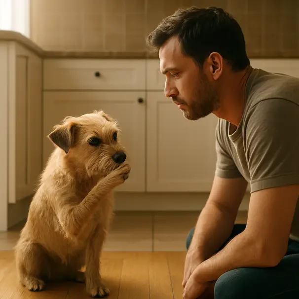 Small terrier pawing at its mouth in a bright kitchen, owner leaning in to check for choking, morning light and home details