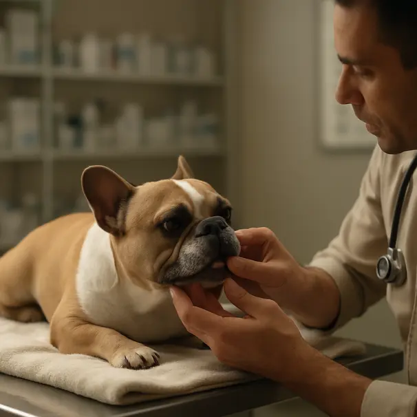 Bulldog resting on an exam table in a vet clinic while a veterinarian gently checks the dog's mouth, clinical room details visible