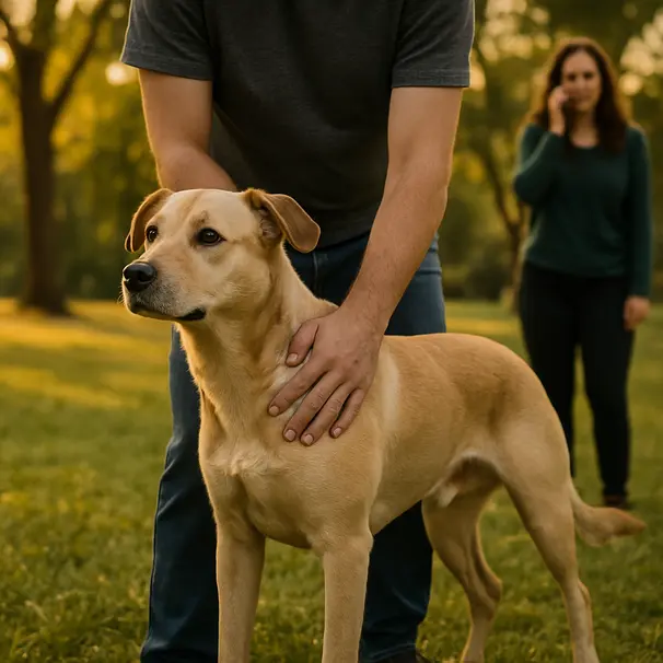 Mid-sized Labrador mix in a park while owner prepares to give back blows, another person calling for help, warm evening light