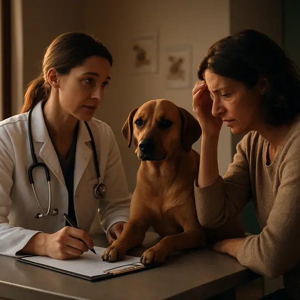 Proprietario parla con veterinario mentre il cane è sul tavolo in clinica, luce serale
