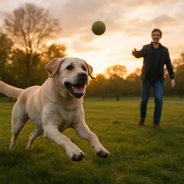 Labrador che corre in un parco al tramonto mentre il proprietario lancia una palla