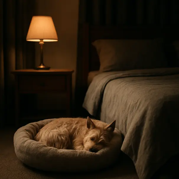 Piccolo terrier rannicchiato in una cuccia in camera da letto con lampada accesa e tende oscuranti