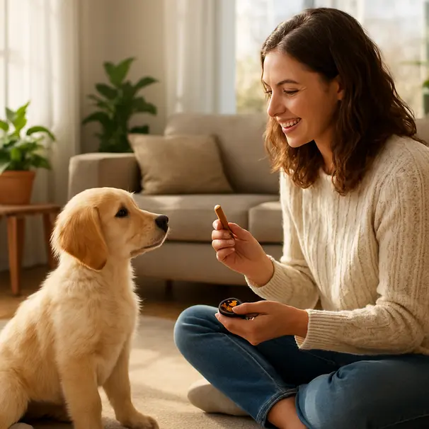 Golden Retriever puppy sitting in a sunlit living room, owner holding a treat and clicker, practicing a short training session.
