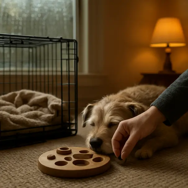 Older terrier relaxed near an open crate with a blanket, a carer placing a treat into a puzzle feeder on a rainy afternoon.