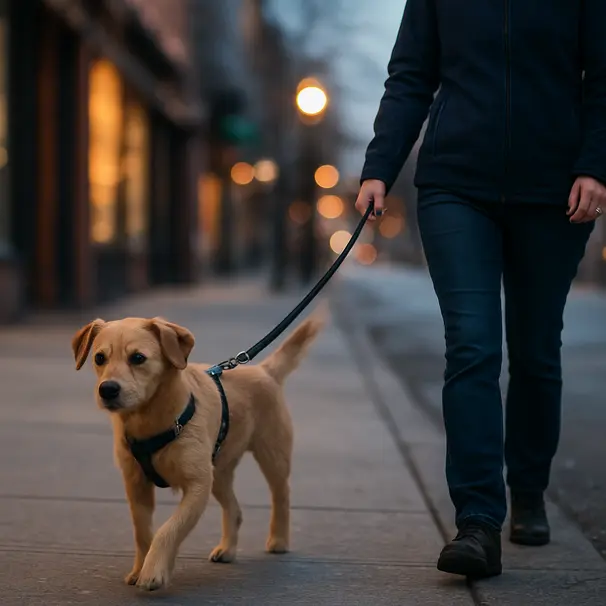 Small mixed-breed dog walking calmly on a harness beside a pet carer on a city sidewalk at dusk.