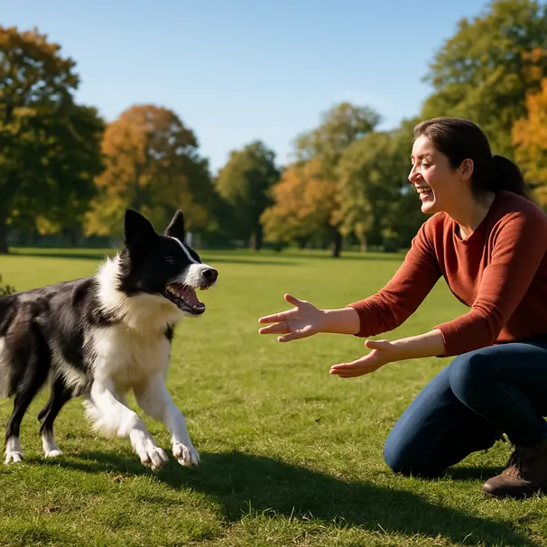 Border Collie running across a sunny park towards a carer calling it, carer kneeling with reward pouch ready.