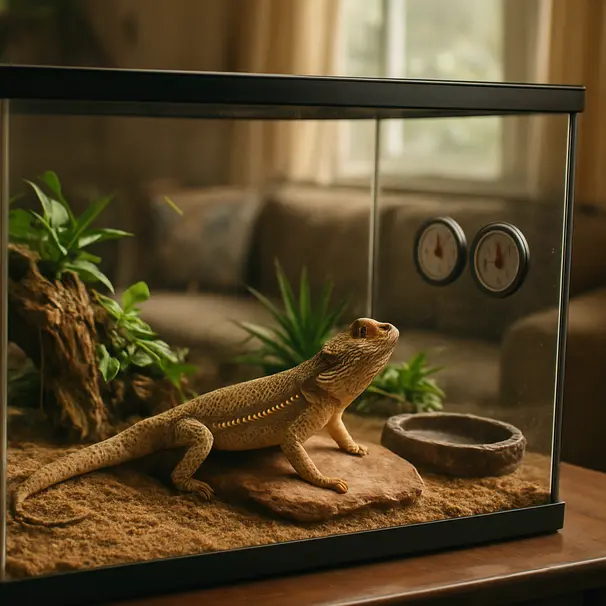 Bearded dragon terrarium in a living room with basking rock, plants, and thermometers visible, lit by natural daylight