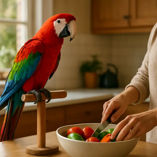 Macaw on a wooden stand in a kitchen as a person prepares fresh fruits and vegetables, bright morning light