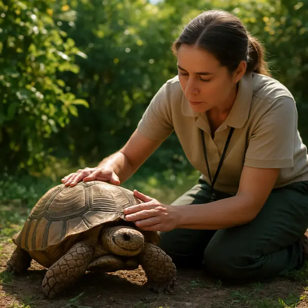 Tortoise in a sunny garden with a pet carer kneeling nearby checking its shell and environment