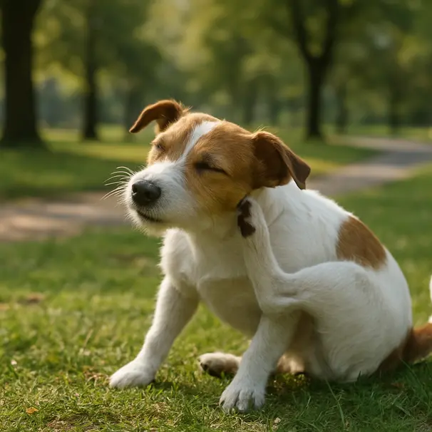 Small terrier outside in a park scratching its ear with a raised paw, grass and trees in background.