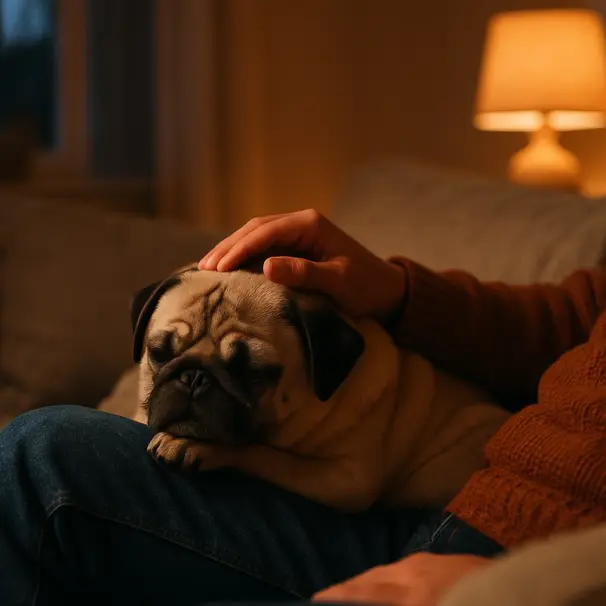 Owner cuddling a small fawn pug on a couch in a warm living room at dusk, hand stroking the dog's head.