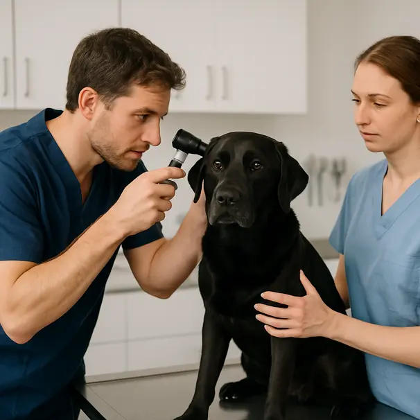 Veterinarian using an otoscope to inspect a black Labrador's ear in a clinic exam room, assistant holding the dog.