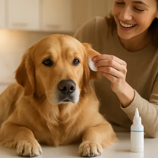 Owner gently cleaning a golden retriever's floppy ear in a bright kitchen, close-up showing hand, cotton pad, and ear cleaner.