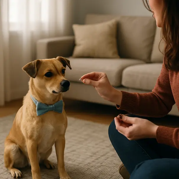 Cane di piccola taglia in salotto prova un papillon con un pet carer che lo premia, luce naturale soffusa