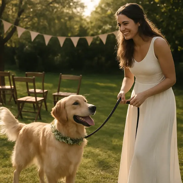 Cane Golden Retriever in giardino durante una prova di matrimonio con la sposa, atmosfera pomeridiana