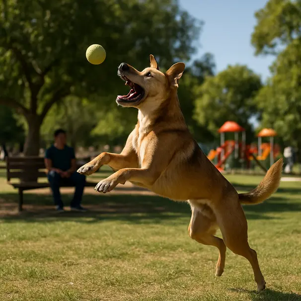 A mixed-breed dog jumping to catch a ball in a sunny park, people sitting on benches and trees in the background