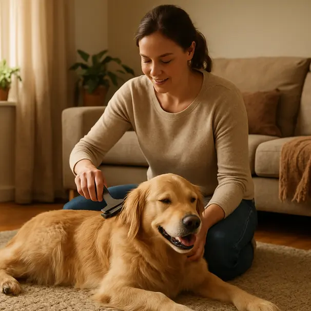 A pet carer gently grooming a golden retriever on a living room rug, sunlight and cozy home surroundings visible