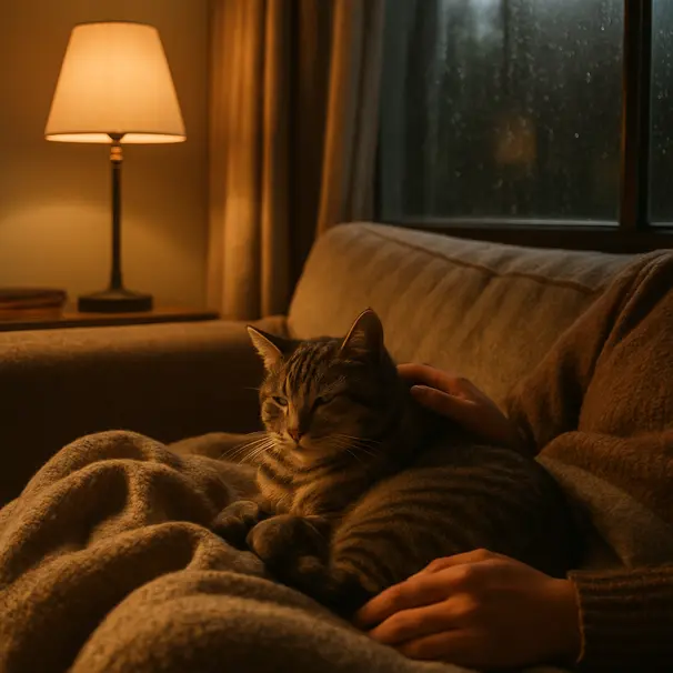 An owner cuddling a relaxed cat on a couch at night with soft lamp light and a rainy window visible