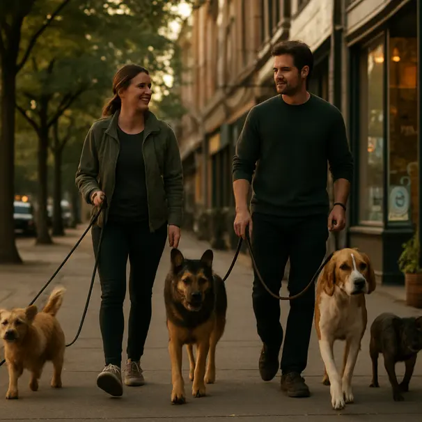 Two pet carers walking several dogs of different breeds along a tree-lined street with shopfronts and warm evening light