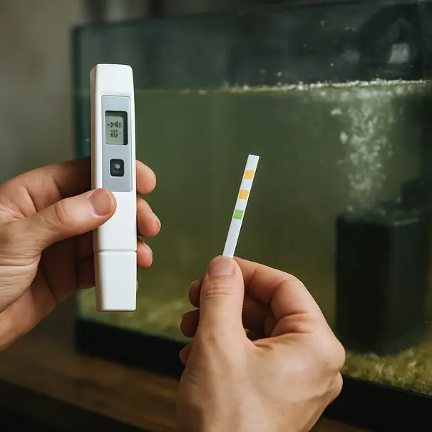 Close-up of a person testing ammonia and nitrite levels on a freshwater aquarium during the cycling process
