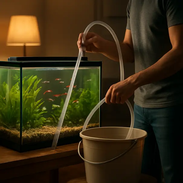 Person performing a partial water change with a siphon on a home aquarium while fish swim calmly inside
