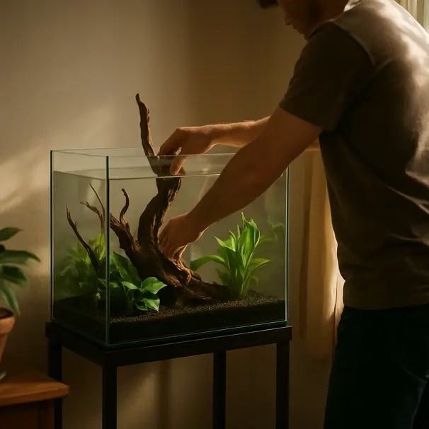 A pet owner arranging driftwood and plants inside a new 20-gallon freshwater aquarium in a bright room