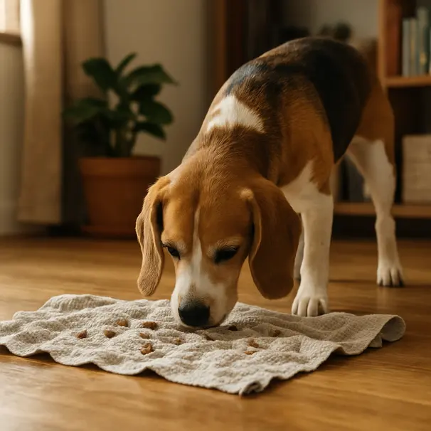 Beagle in a sunlit living room investigating a towel-based DIY puzzle to find hidden treats