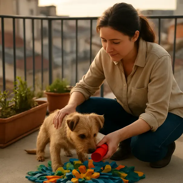 Pet carer on a balcony giving a small terrier a snuffle mat enrichment session in late afternoon light