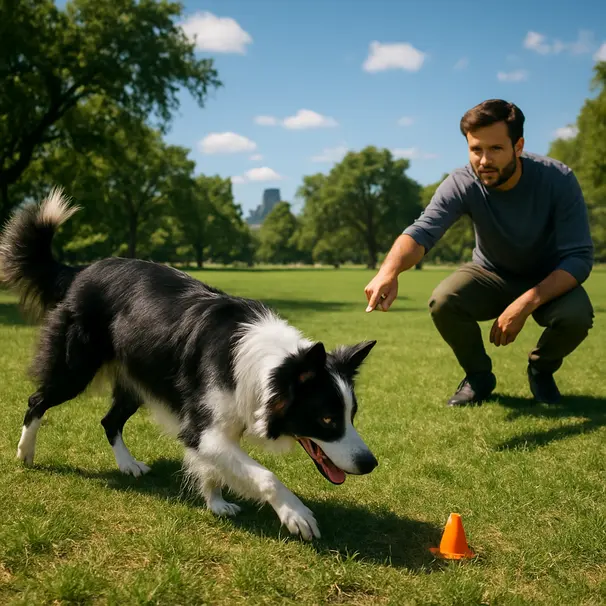 Border collie following a scent trail in a sunny park with owner guiding to a hidden treat