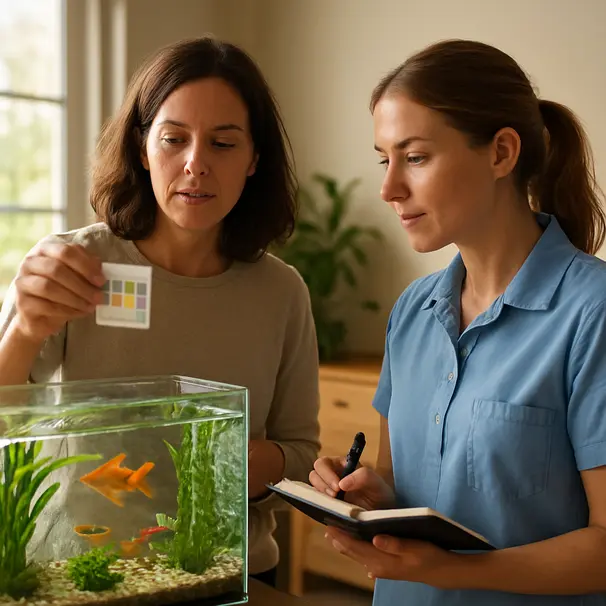 An owner and pet carer checking aquarium water with a test kit by a planted tank, recording results in a notebook.