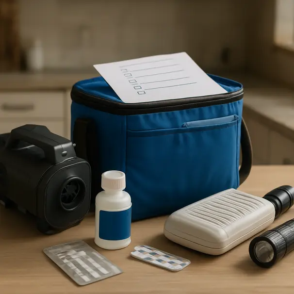 Emergency kit on a table containing air pump, spare heater, water conditioner, test strips, cooler bag and a checklist.