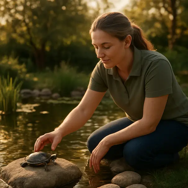 A pet carer watching a turtle on a rock beside a small garden pond, with plants and soft evening light.