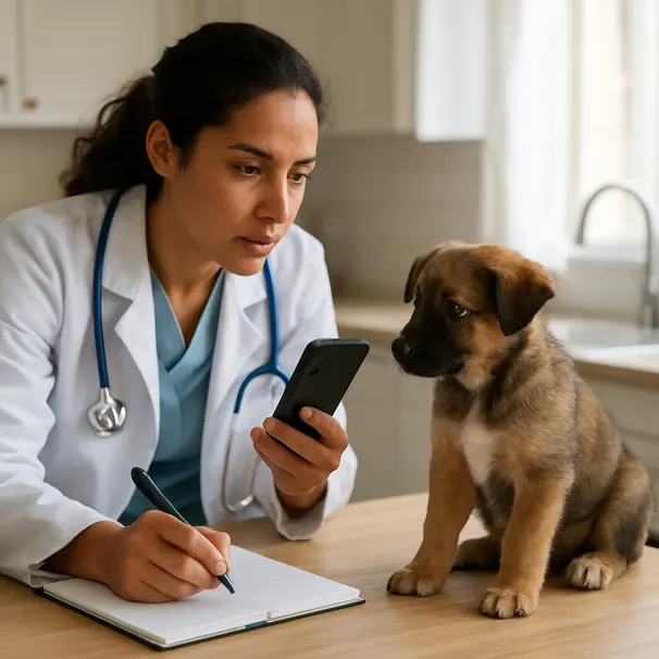 Pet carer che osserva un cucciolo e registra informazioni in casa