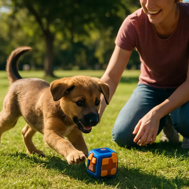 Cucciolo che gioca con un gioco di attivazione mentale al parco