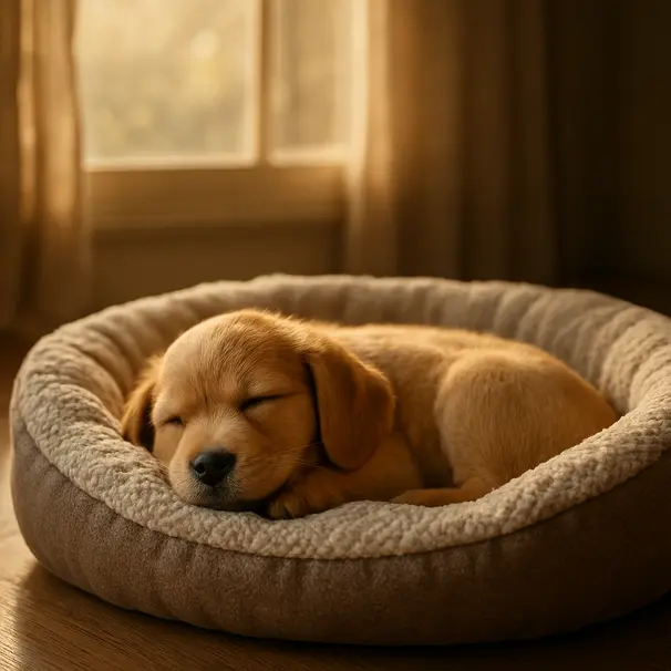 Cucciolo che dorme in una cuccia morbida con luce mattutina