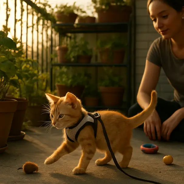 Ginger kitten in a lightweight harness exploring a balcony garden with a pet carer watching at sunrise.