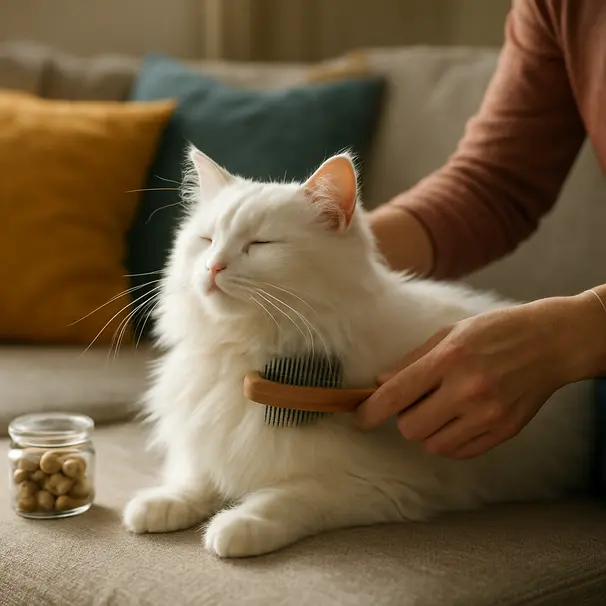 A long-haired white cat being gently brushed by a pet carer on a cozy sofa with sunlight.