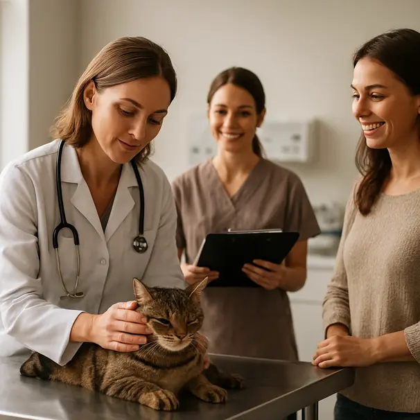 Vet gently examining a relaxed brown tabby cat on an exam table with a pet carer and owner in a bright clinic.