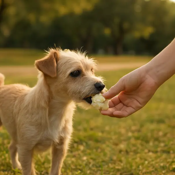 Small terrier outdoors in a park taking a steamed cauliflower floret from a caregiver's hand