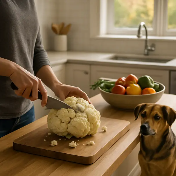 Person washing and cutting cauliflower on a wooden board in a bright kitchen with a dog watching nearby