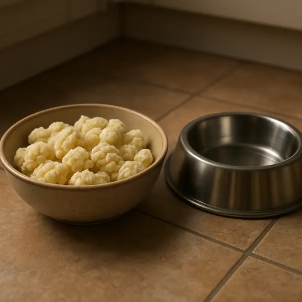 Top-down view of a bowl with cooked cauliflower pieces beside a dog's food bowl on a kitchen floor