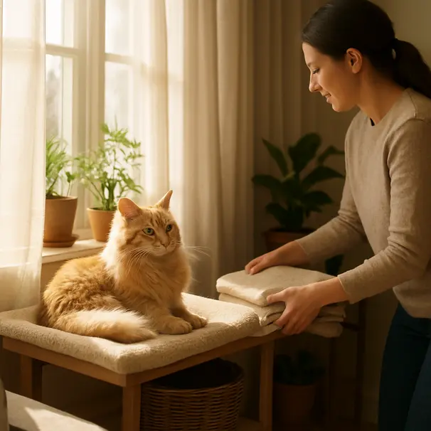 Ginger cat relaxing on a sunny window perch in a living room while a pet carer arranges a blanket on a shelf