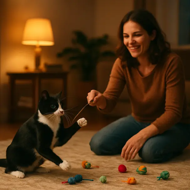 Black and white cat playing with a wand toy on a rug while a sitter kneels nearby in warm lamplight