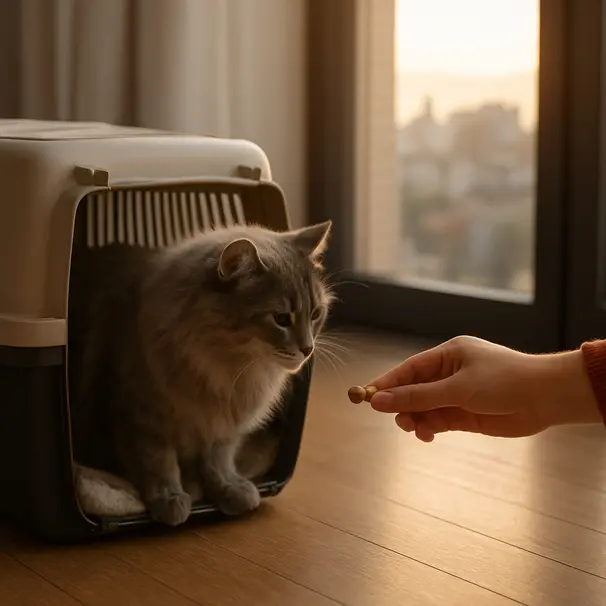 Gray long-haired cat exploring an open carrier with a carer offering a treat in a balcony-lit living room