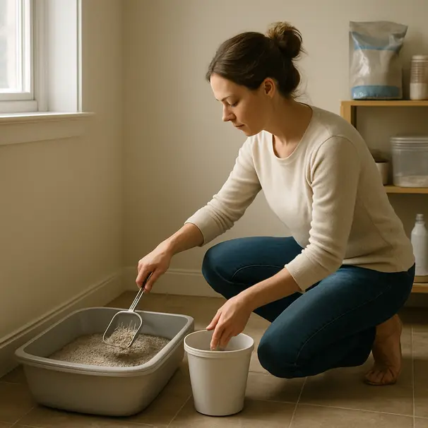 Pet carer scooping an uncovered litter box in a bright, tidy corner of a home with supplies on a shelf