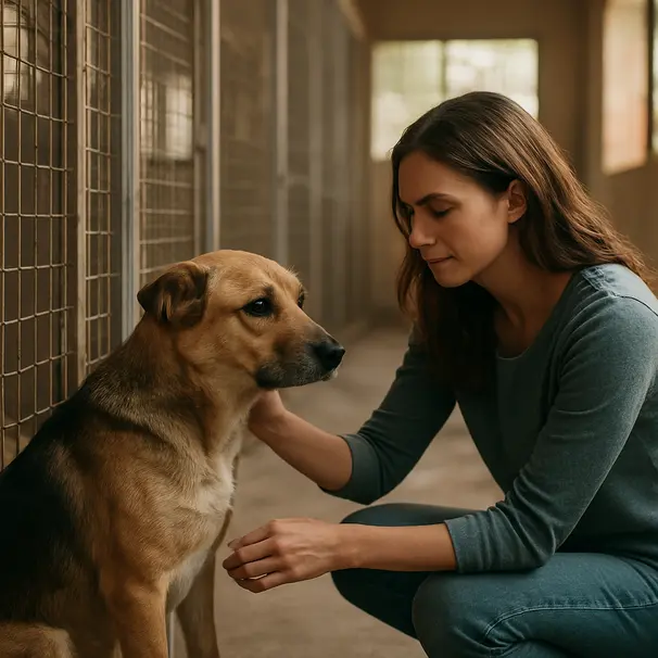 Persona inginocchiata che coccola un cane meticcio nel rifugio, luce pomeridiana, emozione nel primo incontro